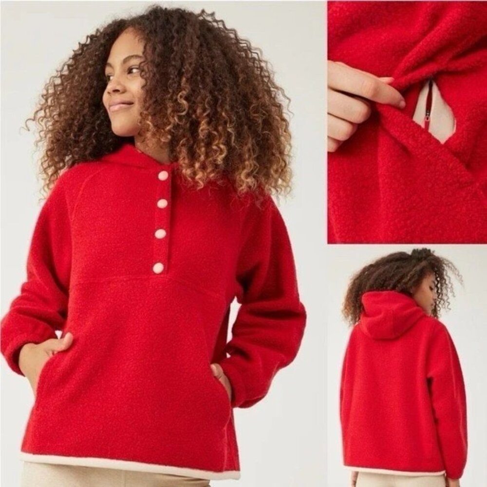 Outdoor Voices Hoodie Womens Small Mega Fleece Snap Up Gogi Berry Red Gorpcore